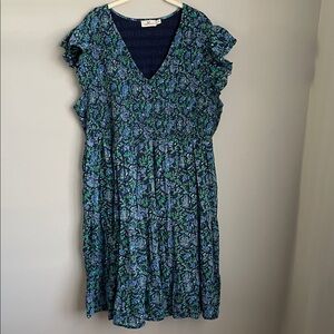 Vineyard Vines V-Neck Blue and Green Floral Lined Smocked Dress Size 3X